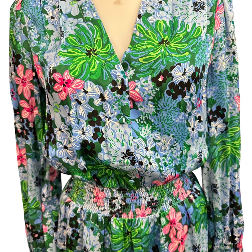 Lilly Pulitzer Loubella Smocked Midi Multi Floral Dress Soiree All Day sz 4 NEW - Picture 3 of 9